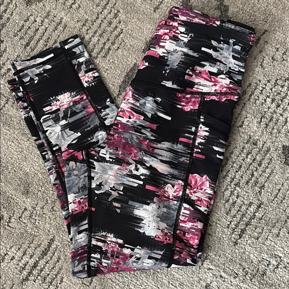 Reebok Black and Pink Floral Leggings